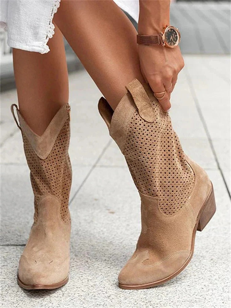 Cowboy Boots with Side Zipper and Contoured Sole, Mid Calf Height