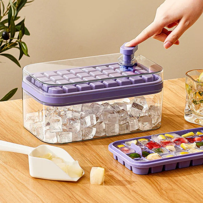 Ice Maker System with Press-Release Mechanism and Storage Bin, Dual Trays with Scoop