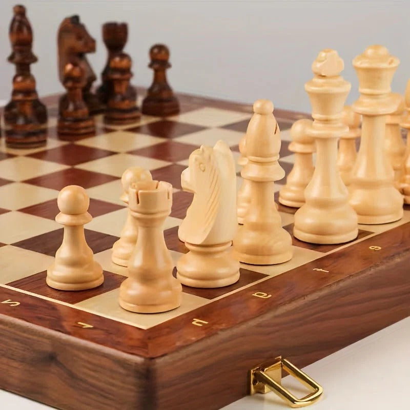 Chess Board with 34 Wooden Pieces and Stable Base, 15.7 Inch