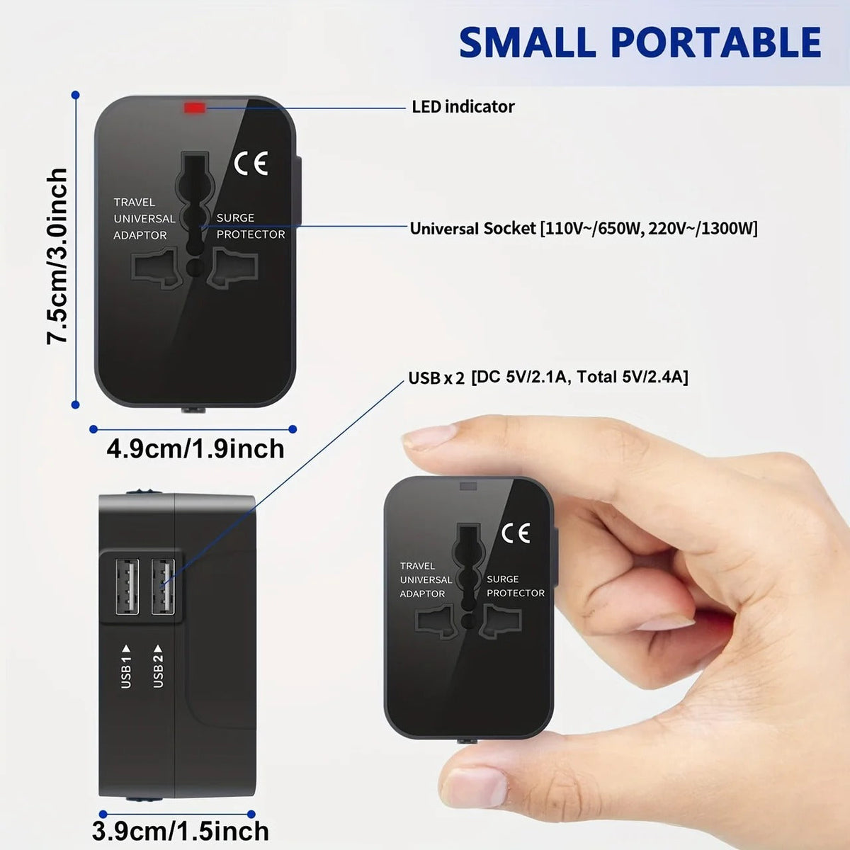 Travel Adapter with Dual USB Ports and Dual Voltage for International Use