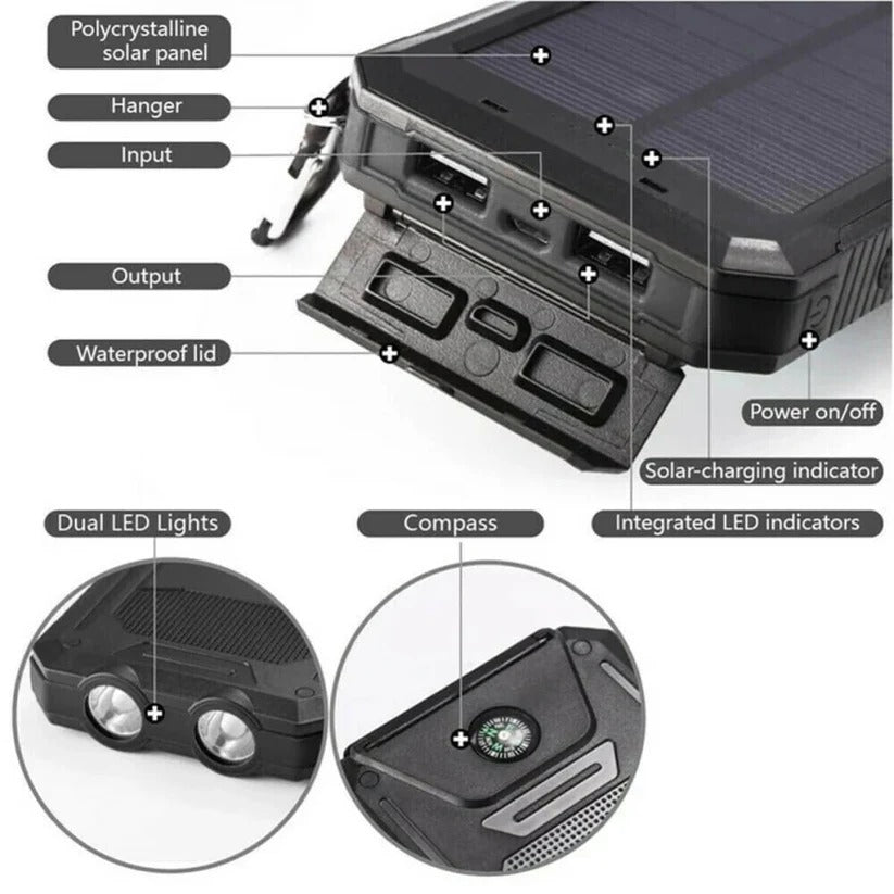 Solar Power Bank 500000mAh with Dual USB Ports and LED Flashlights, IP44 Splash Protection