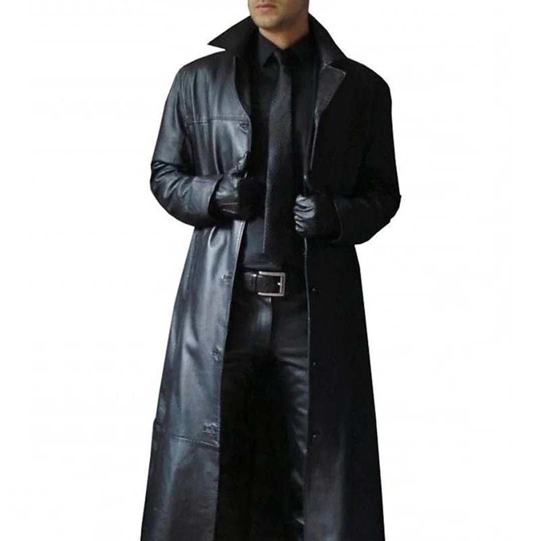 Genuine Leather Coat for Men with Front Zipper and Inside Pockets