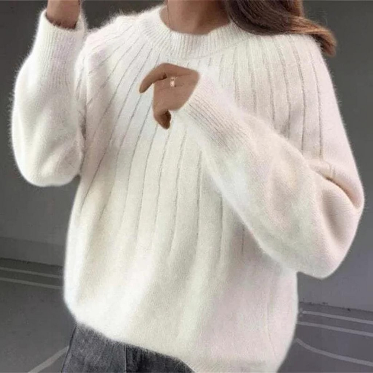 Womens Crewneck Knit Sweater with Ribbed Cuffs and Hip Length Cut