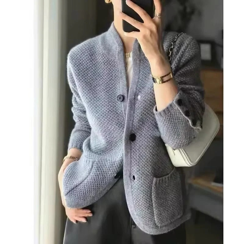 Knit Sweater Jacket with Full Front Closure and Side Pockets for Winter