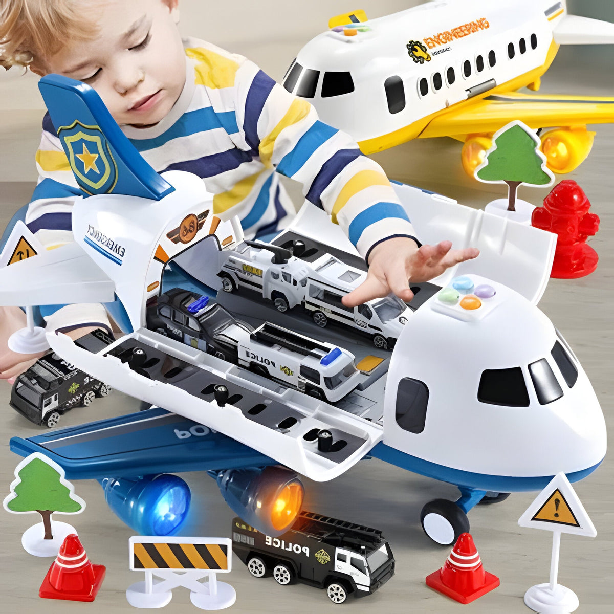 XL Friction Powered Airplane with Interactive Sound Buttons and Cargo Storage, 20 Piece Set