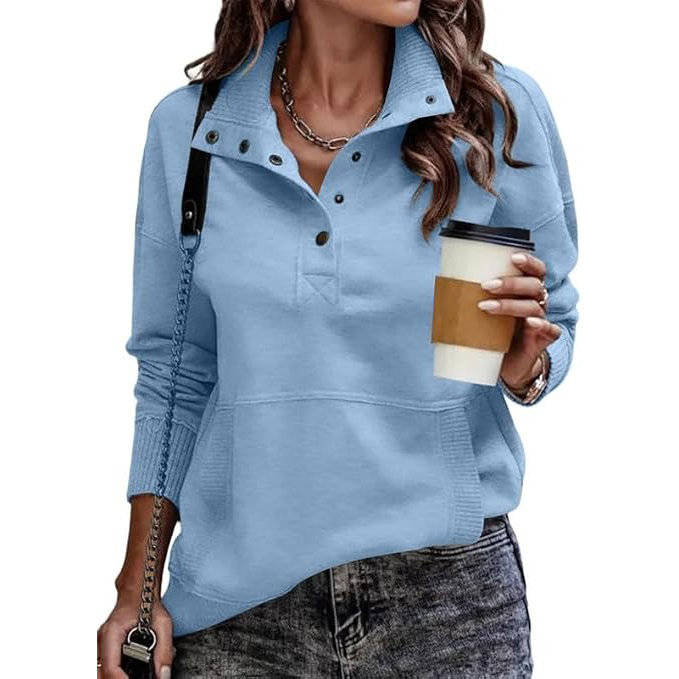 Women's Stand Collar Pullover with Drawstring Neckline and Front Pockets