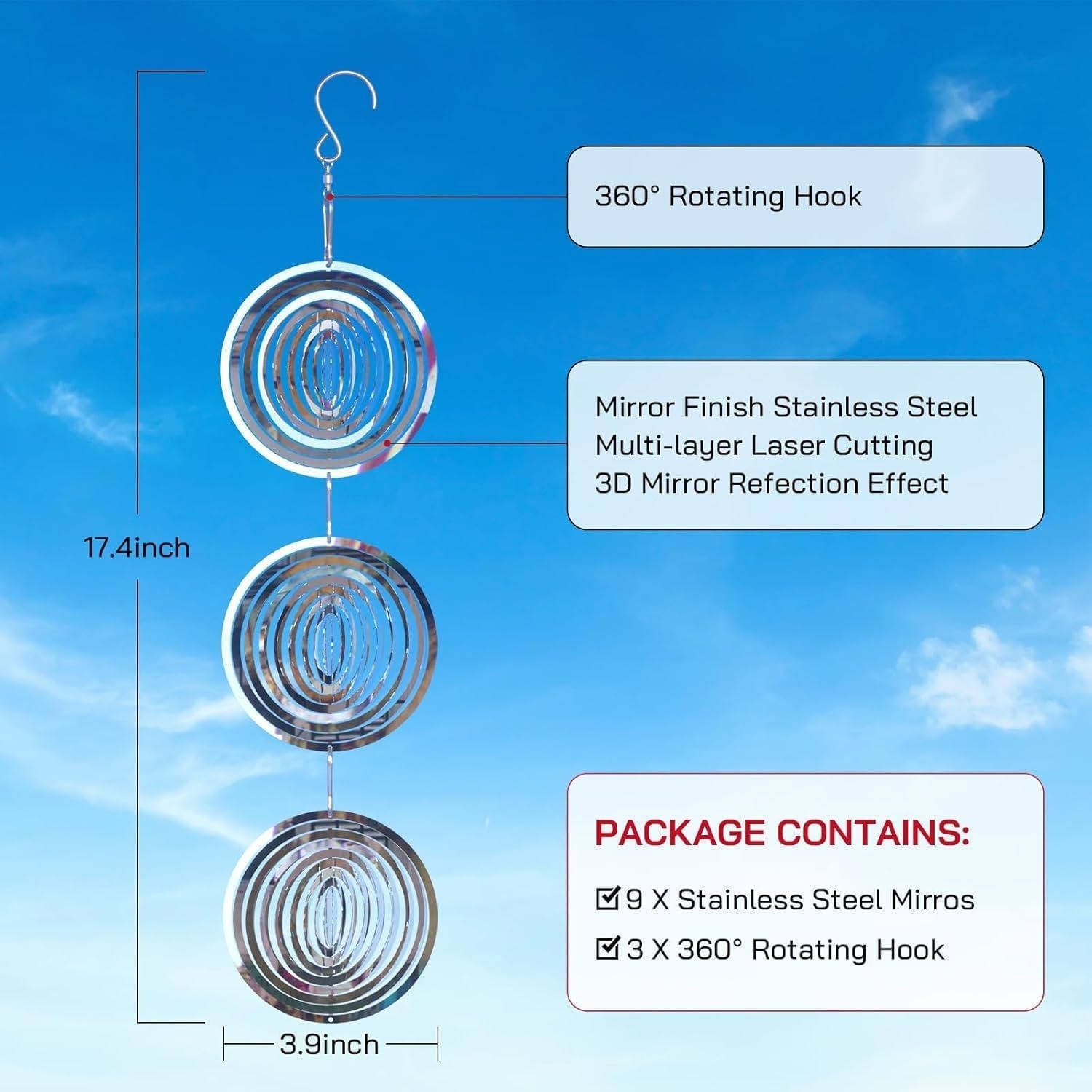 Spinning Reflective Bird Deterrent with Stainless Steel Mirror and Swivel Hook