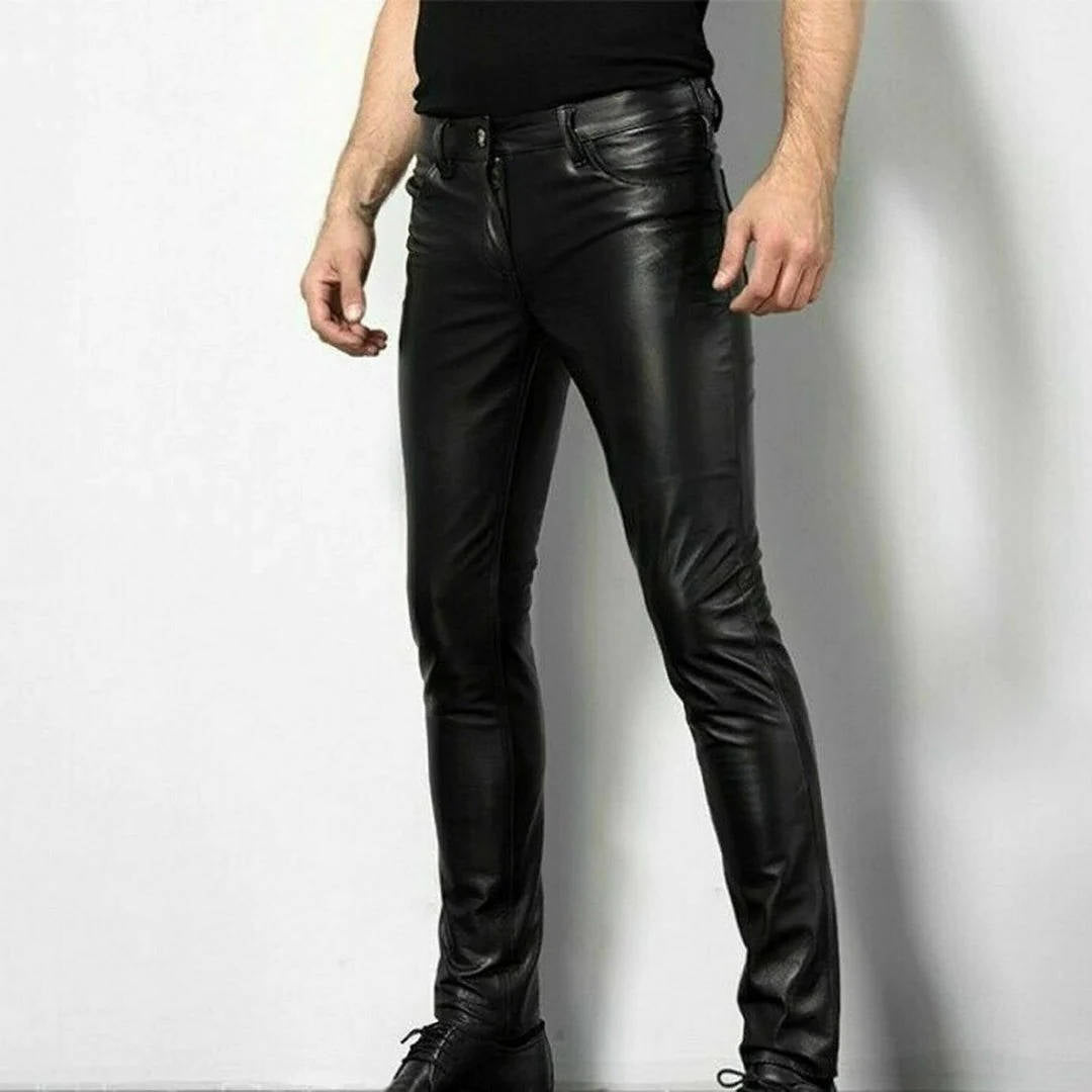 Black Faux Leather Pants with Spandex Stretch and Low Rise Waistline, Ankle Length
