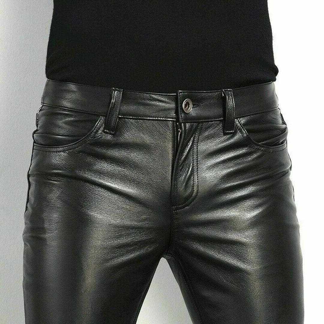 Black Faux Leather Pants with Spandex Stretch and Low Rise Waistline, Ankle Length