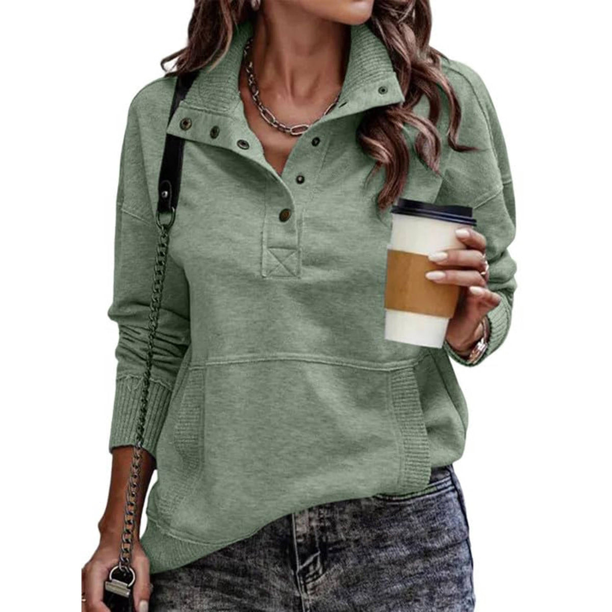 Women's Stand Collar Pullover with Drawstring Neckline and Front Pockets