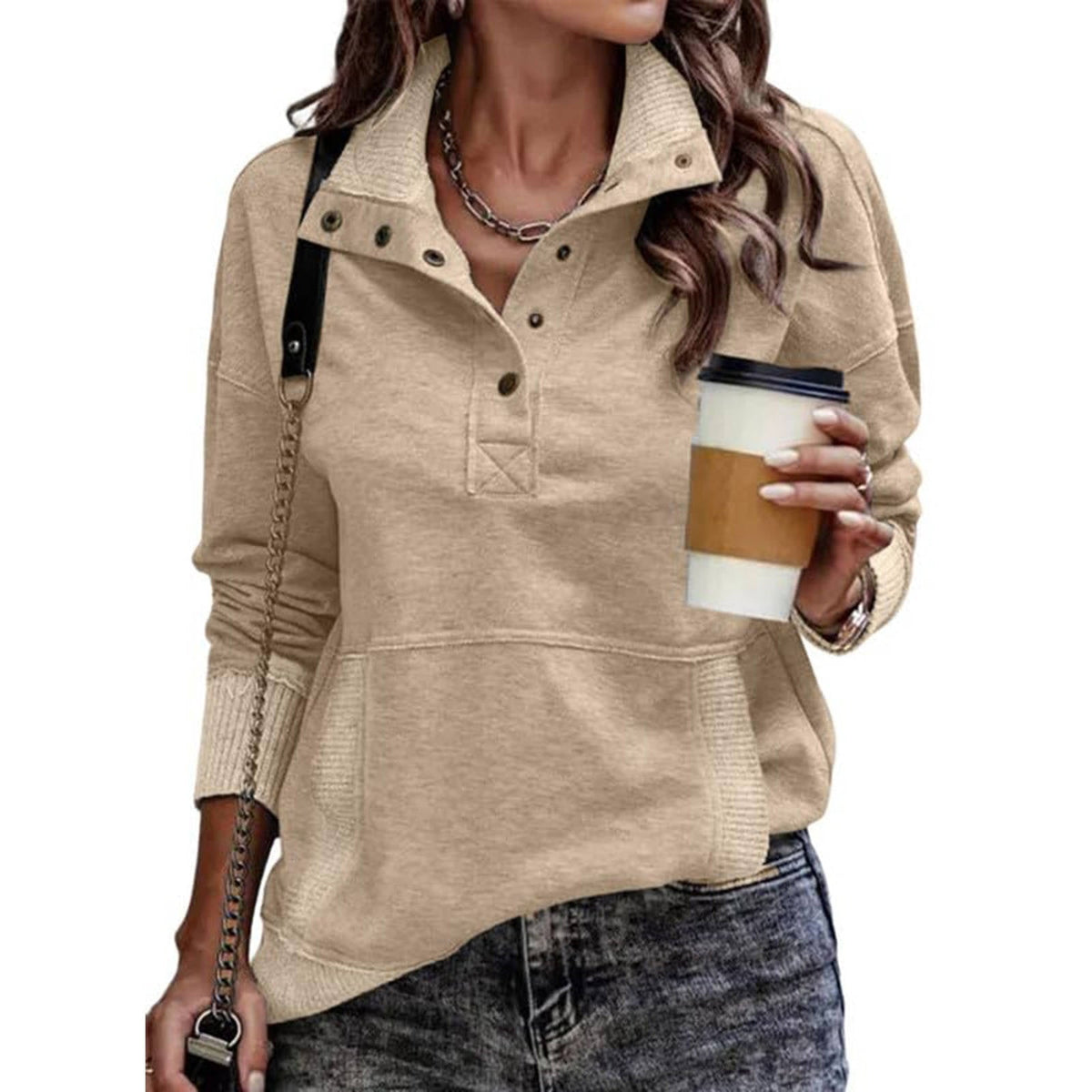 Women's Stand Collar Pullover with Drawstring Neckline and Front Pockets