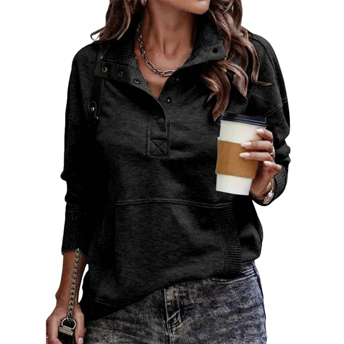 Women's Stand Collar Pullover with Drawstring Neckline and Front Pockets