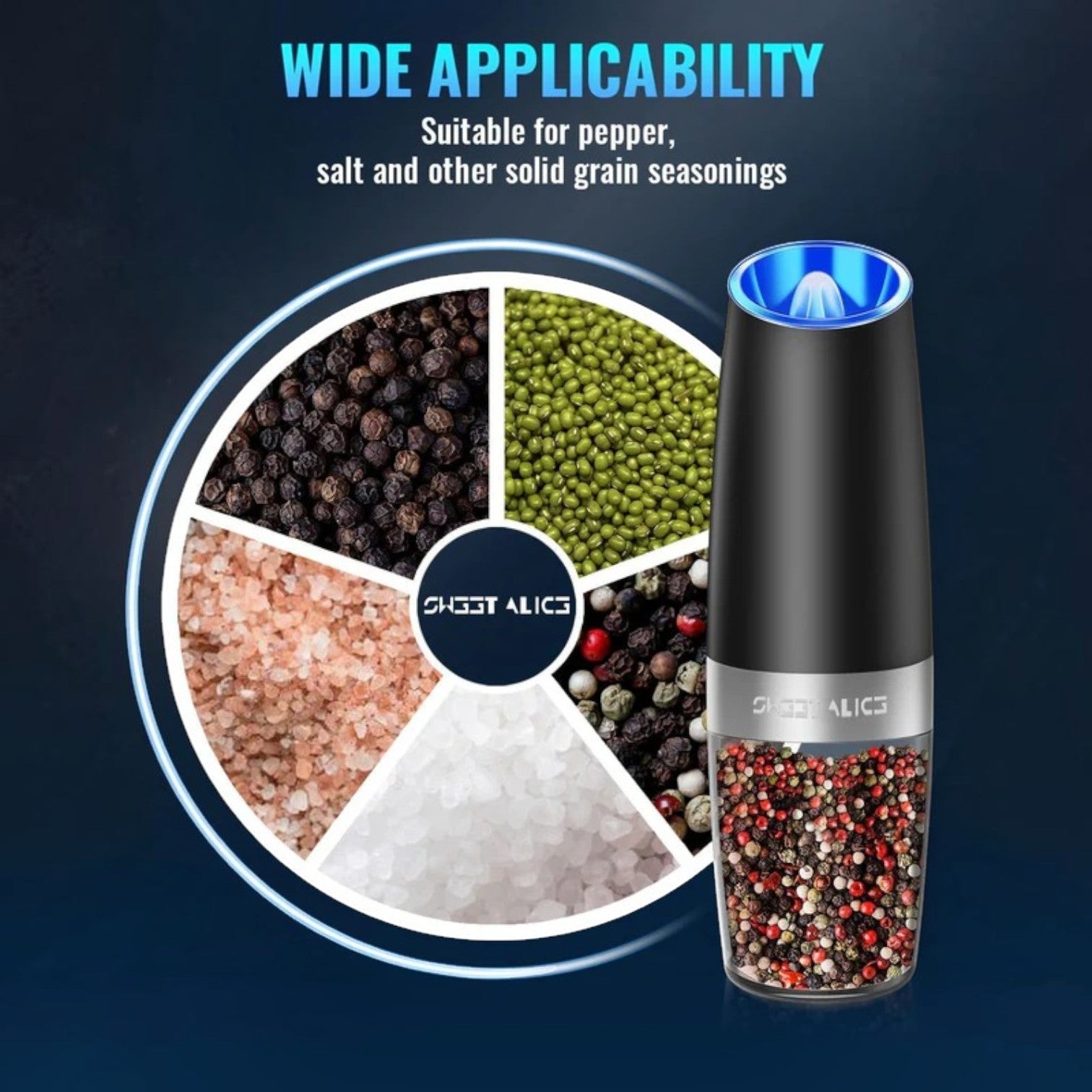 Gravity Sensor Salt and Pepper Grinder with Adjustable Ceramic Rotor and LED Light