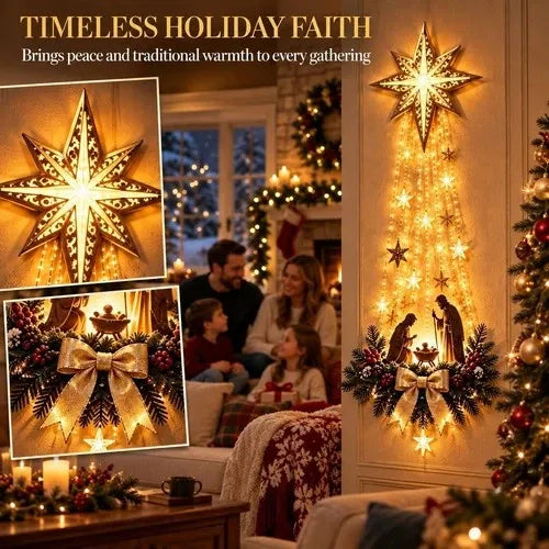 Nativity Scene Wall Ornament with Warm White LED Lights and Star Cutout