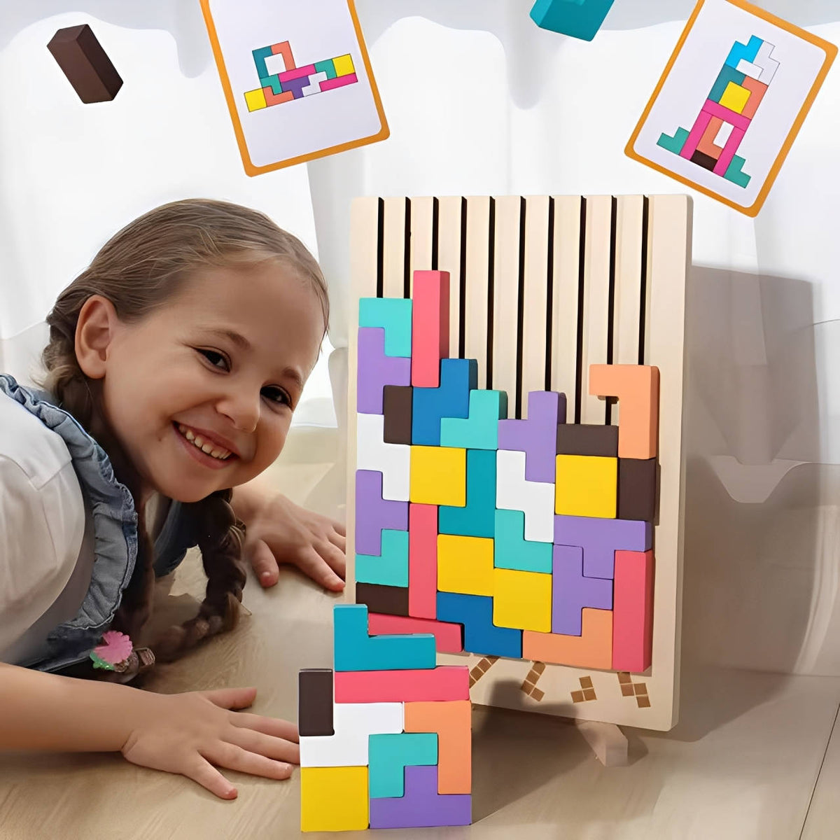 Wooden Block Puzzle with 42 Pieces and 10 Puzzle Cards for Kids
