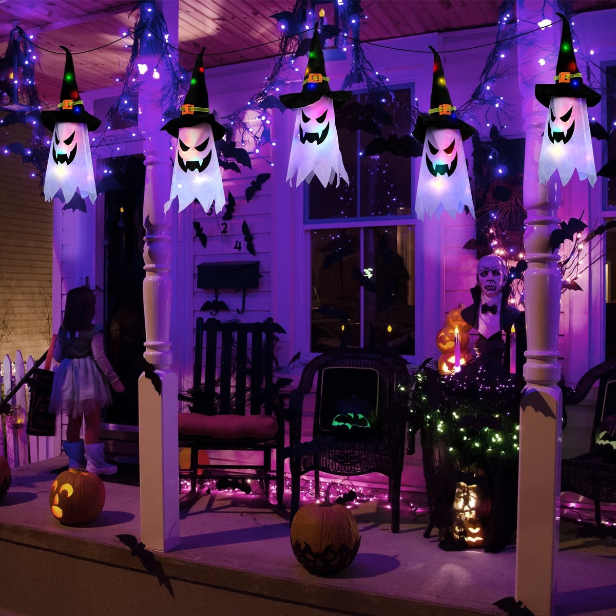 Multicolor LED Ghost String Lights 9.8ft with 5 Witch Hat Ghosts and Flash Modes