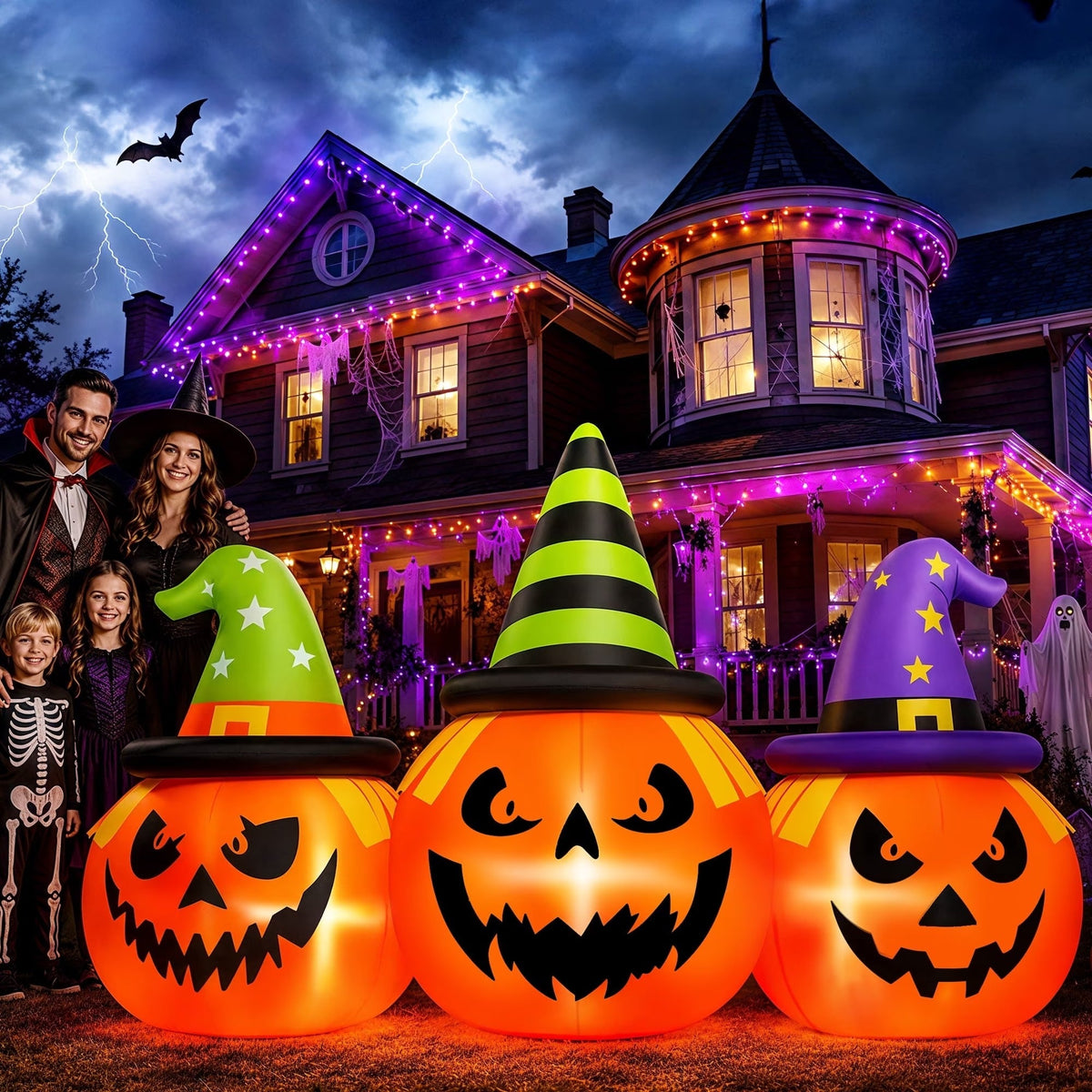 Halloween Inflatable Pumpkin Display with White LED Lights and Built-In Air Blower, 6 Feet Wide