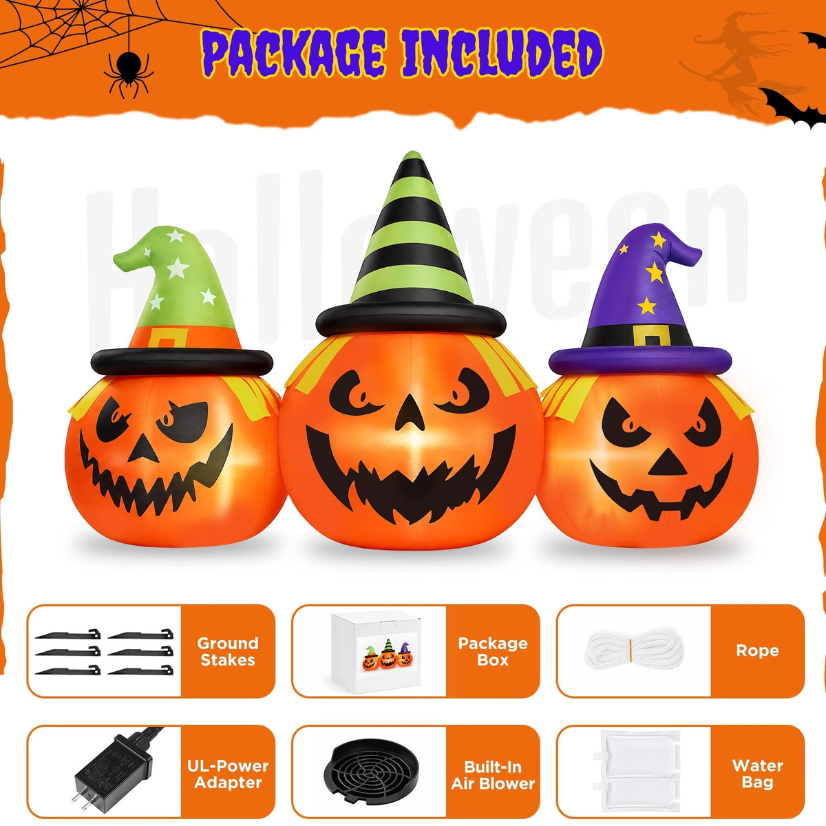 Halloween Inflatable Pumpkin Display with White LED Lights and Built-In Air Blower, 6 Feet Wide