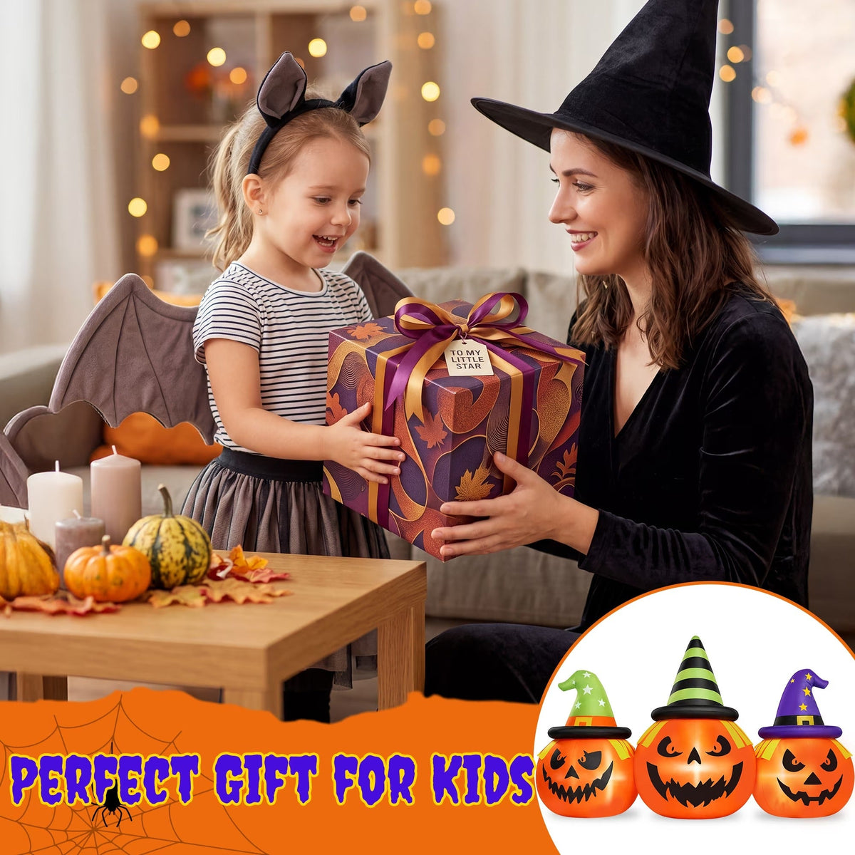 Halloween Inflatable Pumpkin Display with White LED Lights and Built-In Air Blower, 6 Feet Wide