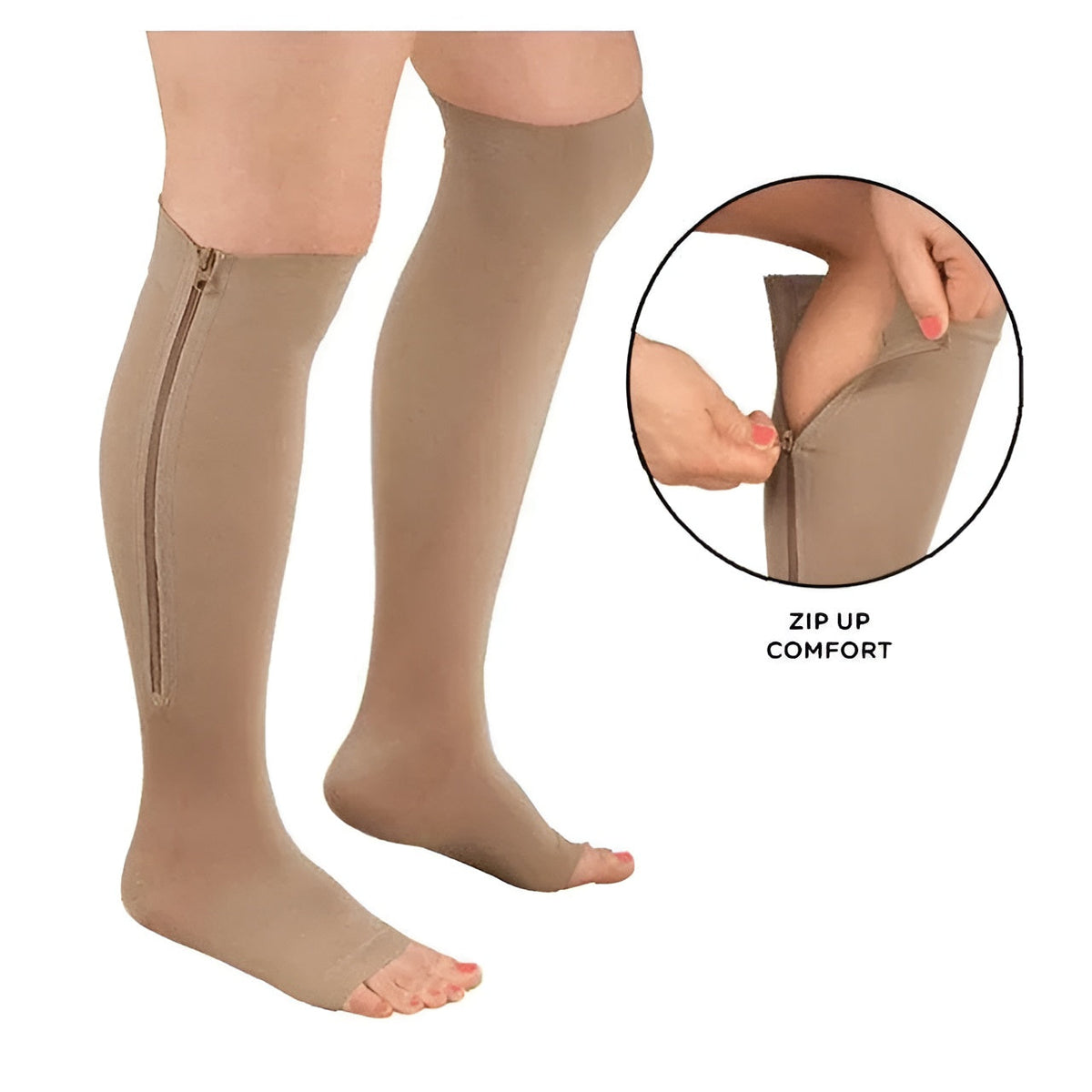 Compression Socks with Side Zipper and Open Toe, 20-30 mmHg Graduated Pressure