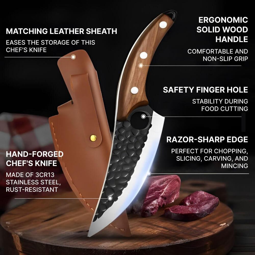 Alloy Chef Knife with Finger Notch Grip and Cherry Wood Handle