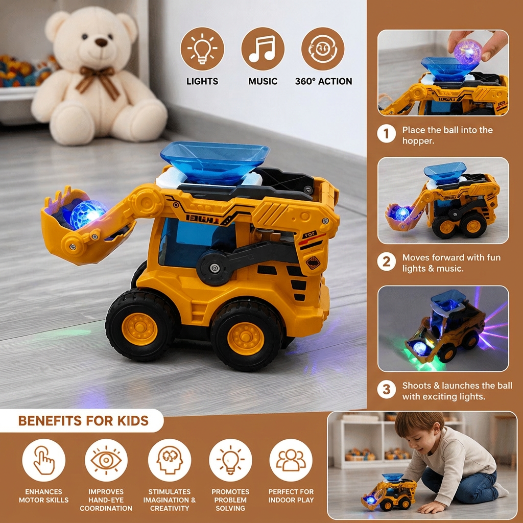 Light Up Bulldozer with Ball Launcher and Rolling Wheels for Kids