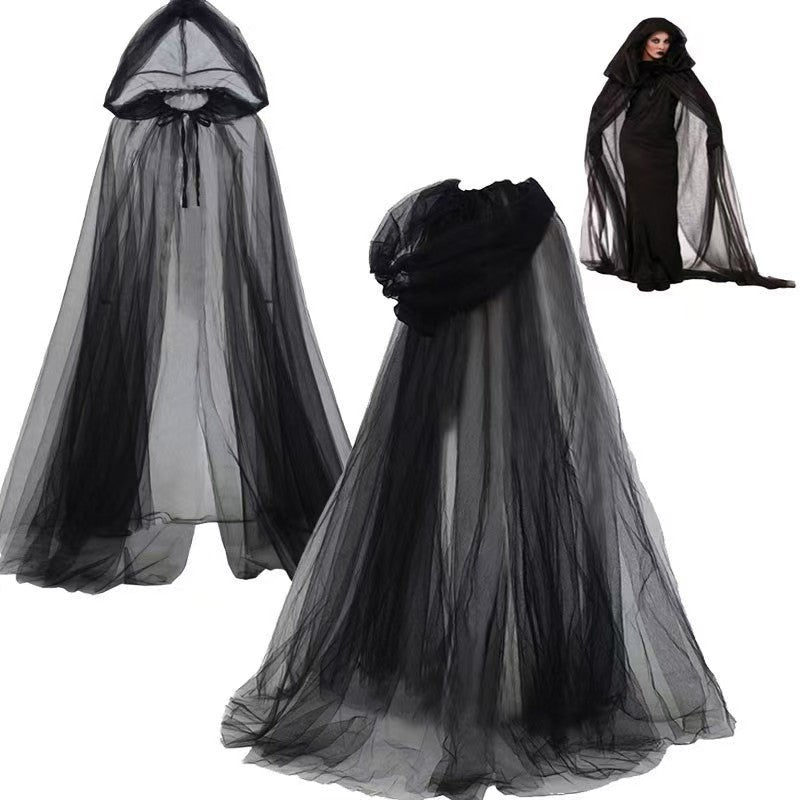 Mesh Tulle Hooded Cloak with Double Layer Hood and Neck Ties for Costumes All Vera Mart