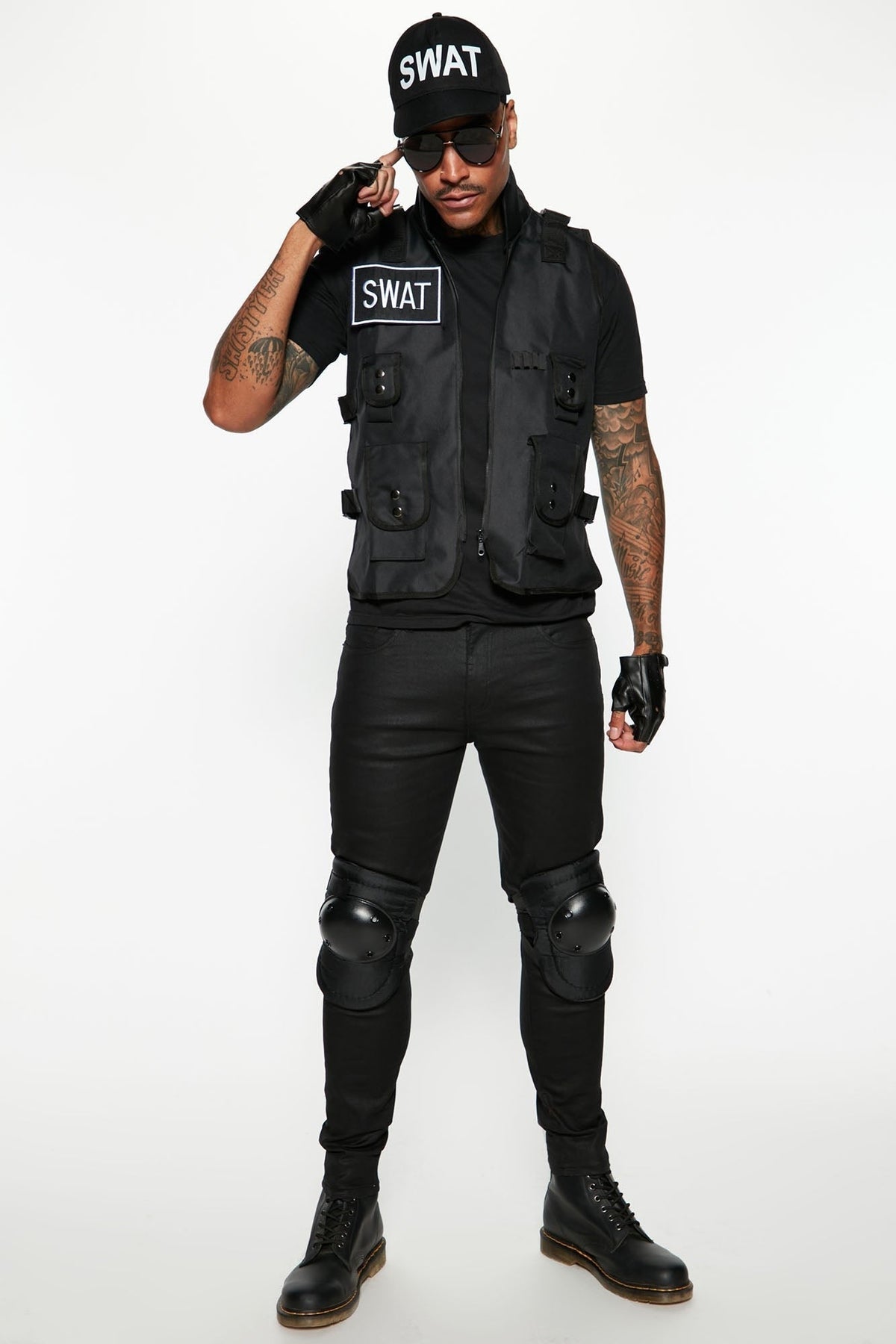 Four Piece Tactical Costume Set with Vest and Cap, Fingerless Gloves