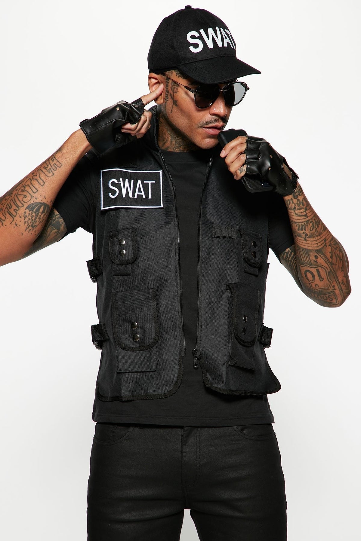 Four Piece Tactical Costume Set with Vest and Cap, Fingerless Gloves