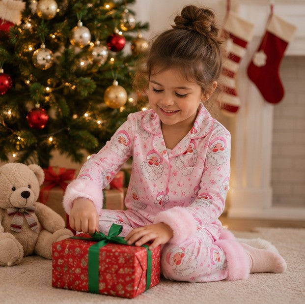 Festive Toddler Pajama Set with Fur Trim, Santa and Snowflake Prints