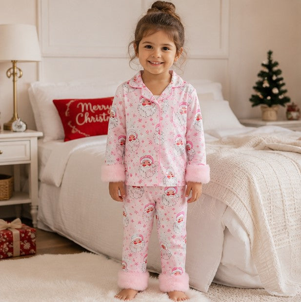 Festive Toddler Pajama Set with Fur Trim, Santa and Snowflake Prints