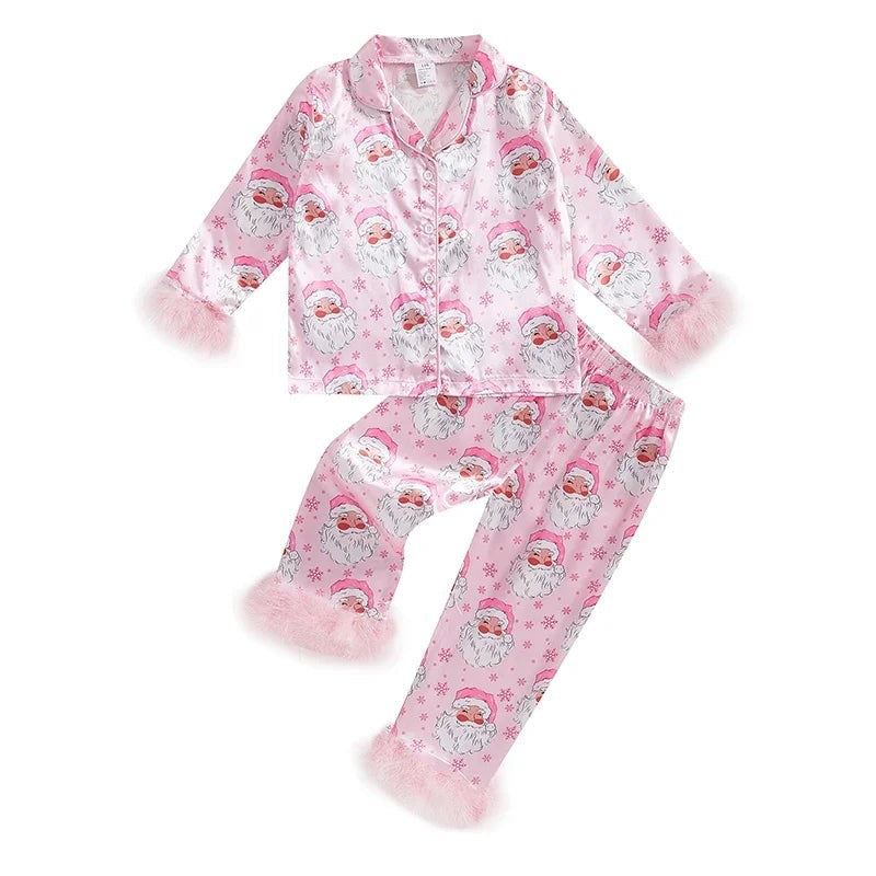 Festive Toddler Pajama Set with Fur Trim, Santa and Snowflake Prints