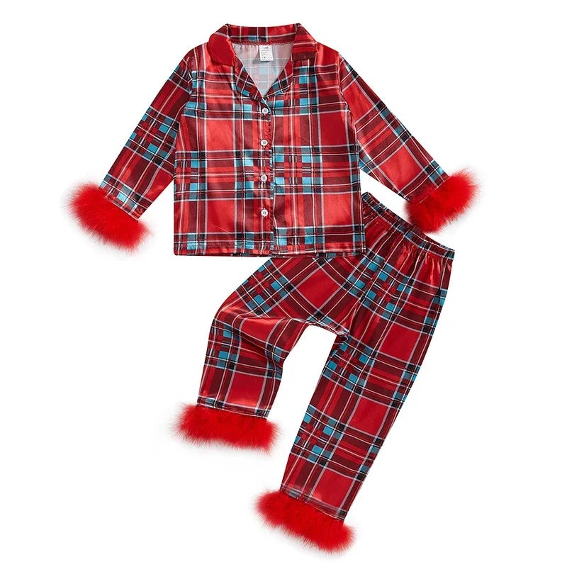 Festive Toddler Pajama Set with Fur Trim, Santa and Snowflake Prints
