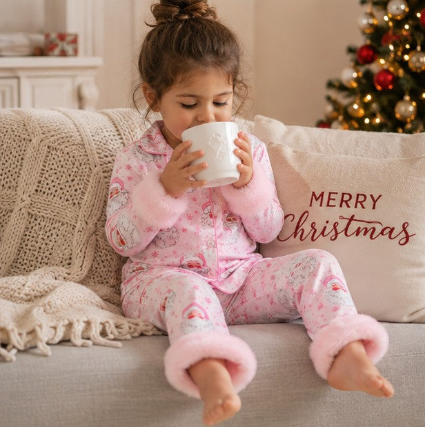 Festive Toddler Pajama Set with Fur Trim, Santa and Snowflake Prints