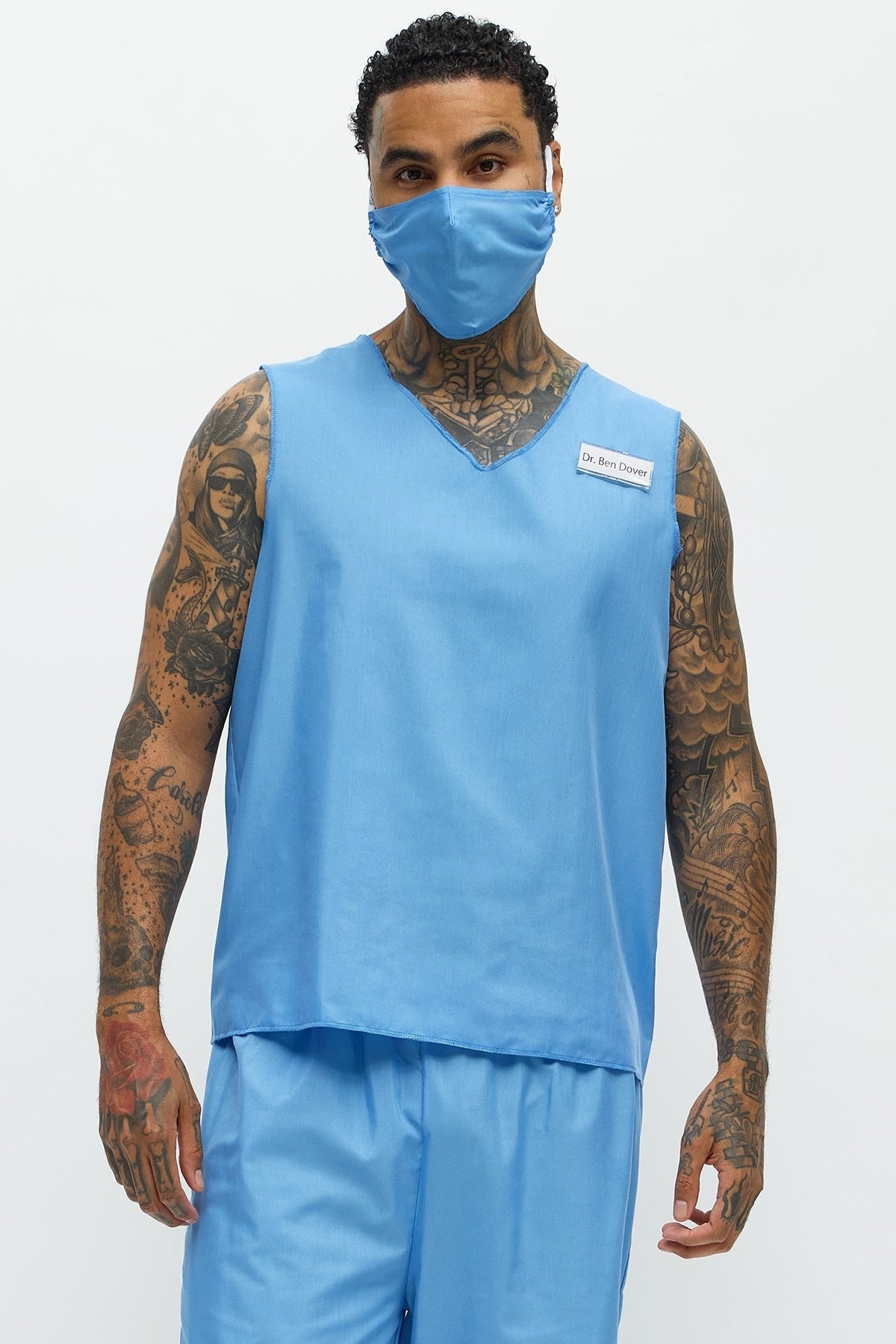 Blue Medical Costume Uniform with V Neck Top and Pants for Men