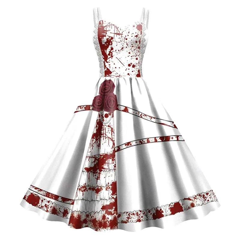 Skeleton Rose Print Dress with Fit and Flare Silhouette for Gothic Events All Vera Mart