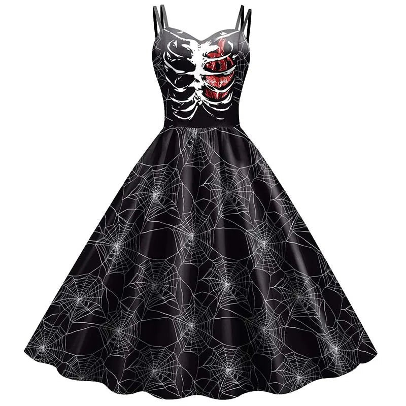 Skeleton Rose Print Dress with Fit and Flare Silhouette for Gothic Events All Vera Mart