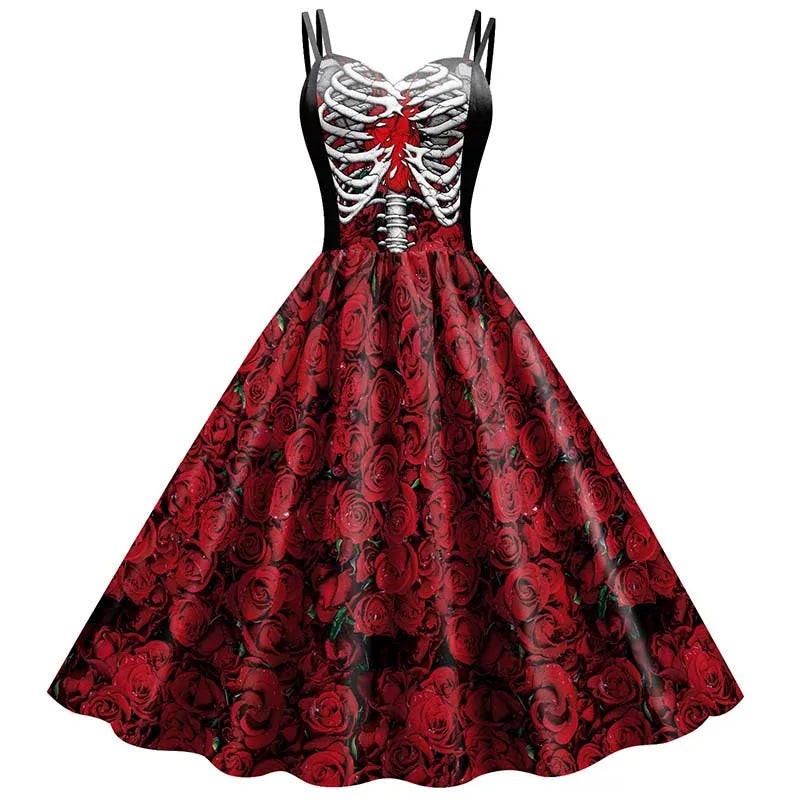Skeleton Rose Print Dress with Fit and Flare Silhouette for Gothic Events All Vera Mart