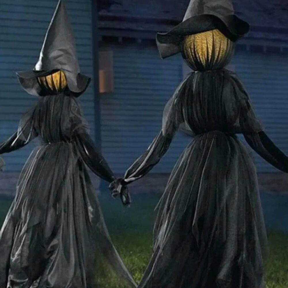 Halloween Witch Yard Decoration Set with Sound Activated Audio and Flashing Head Lights