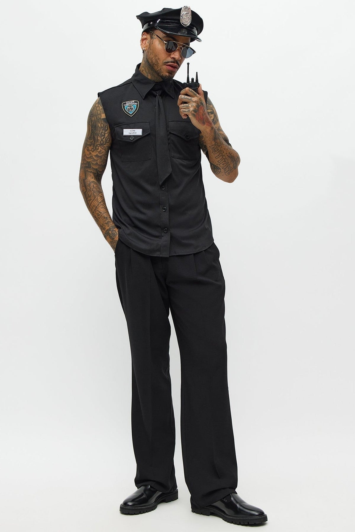 Mens Black Officer Costume Shirt and Hat Set for Themed Parties
