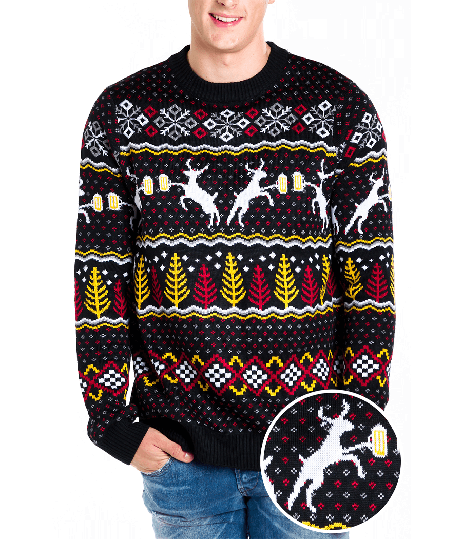 Mens Retro Ugly Christmas Sweater Featuring Deer, Beer Mugs, Trees, and Snowflakes