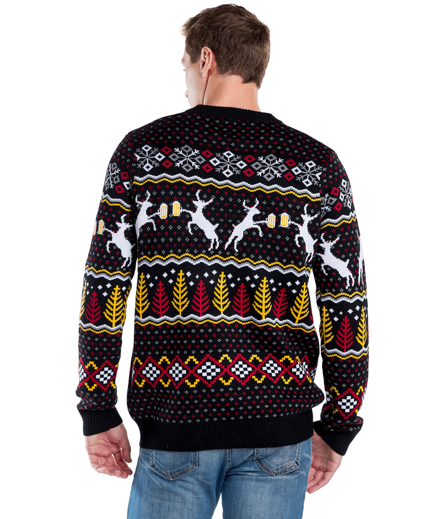 Mens Retro Ugly Christmas Sweater Featuring Deer, Beer Mugs, Trees, and Snowflakes