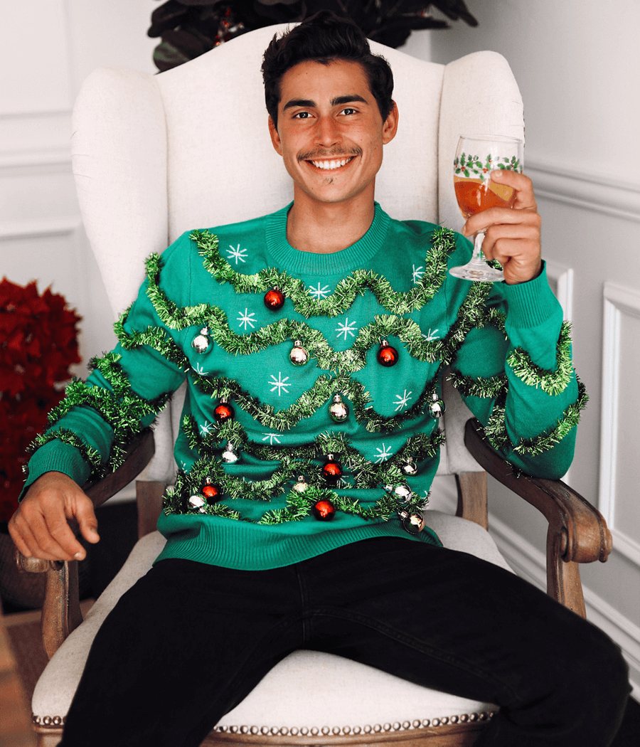 Mens Ugly Garland Christmas Sweater with Shiny Baubles and Tinsel Trim, Green Tree Design