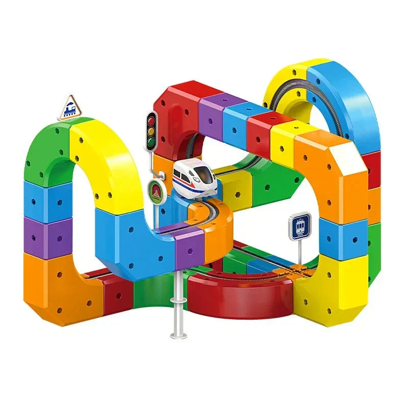Building Block Train Track Set with 81 Snap-Together Pieces and Rolling Train