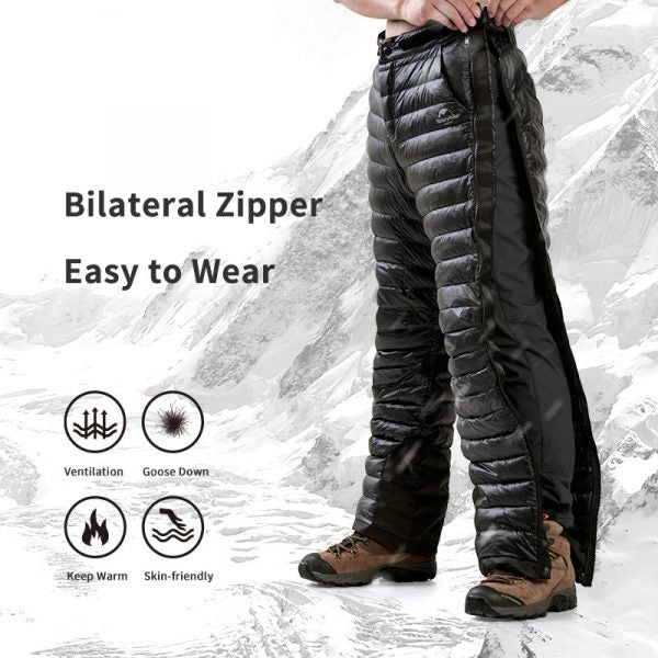 Insulated Down Pants with Side Zippers and Goose Down Filling for Winter Hiking