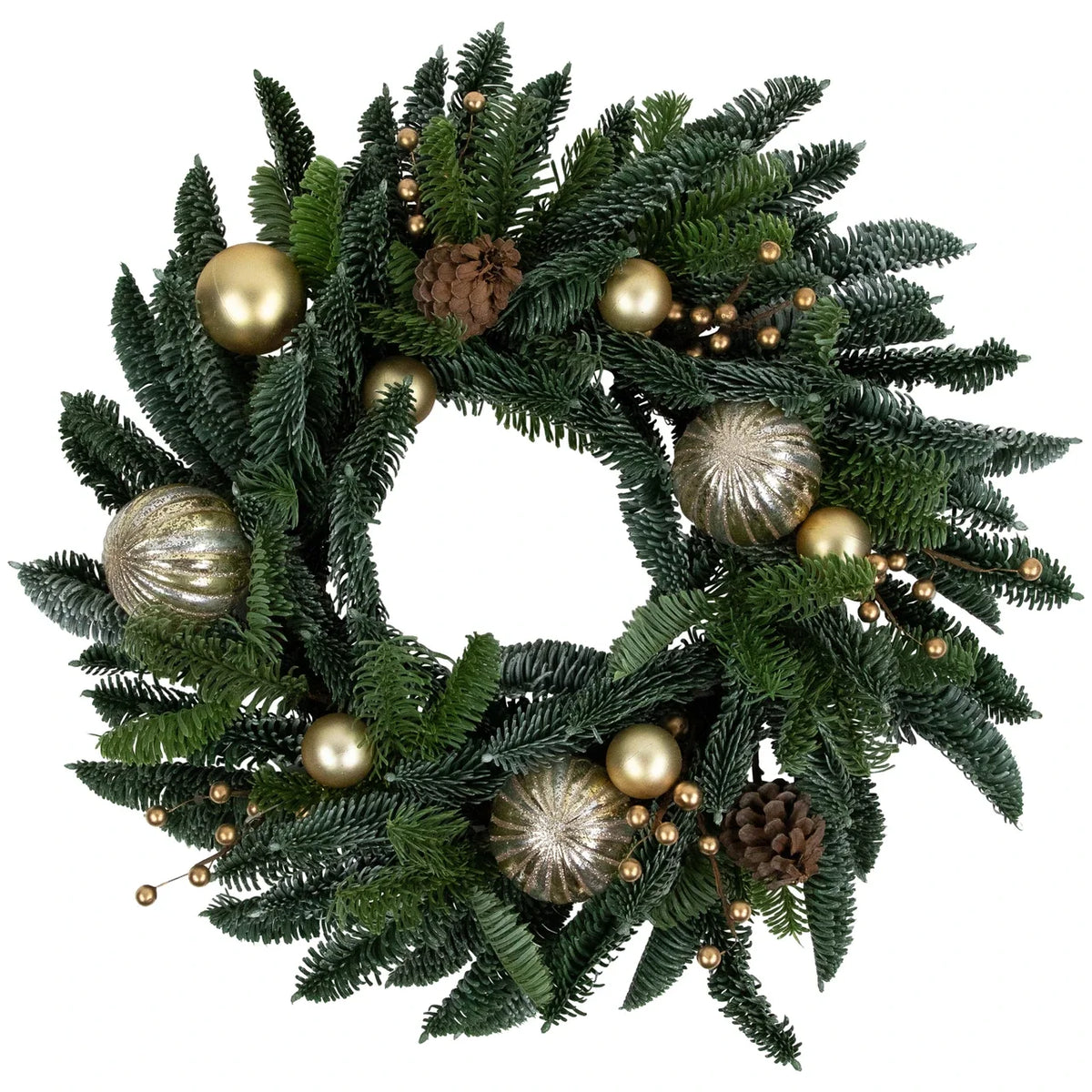Christmas Wreath with Shatterproof Gold Ornaments and Real Pine Cones, 22 Inch