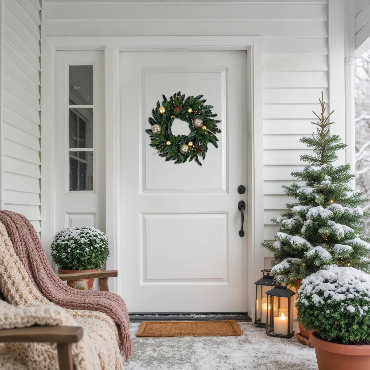 Christmas Wreath with Shatterproof Gold Ornaments and Real Pine Cones, 22 Inch