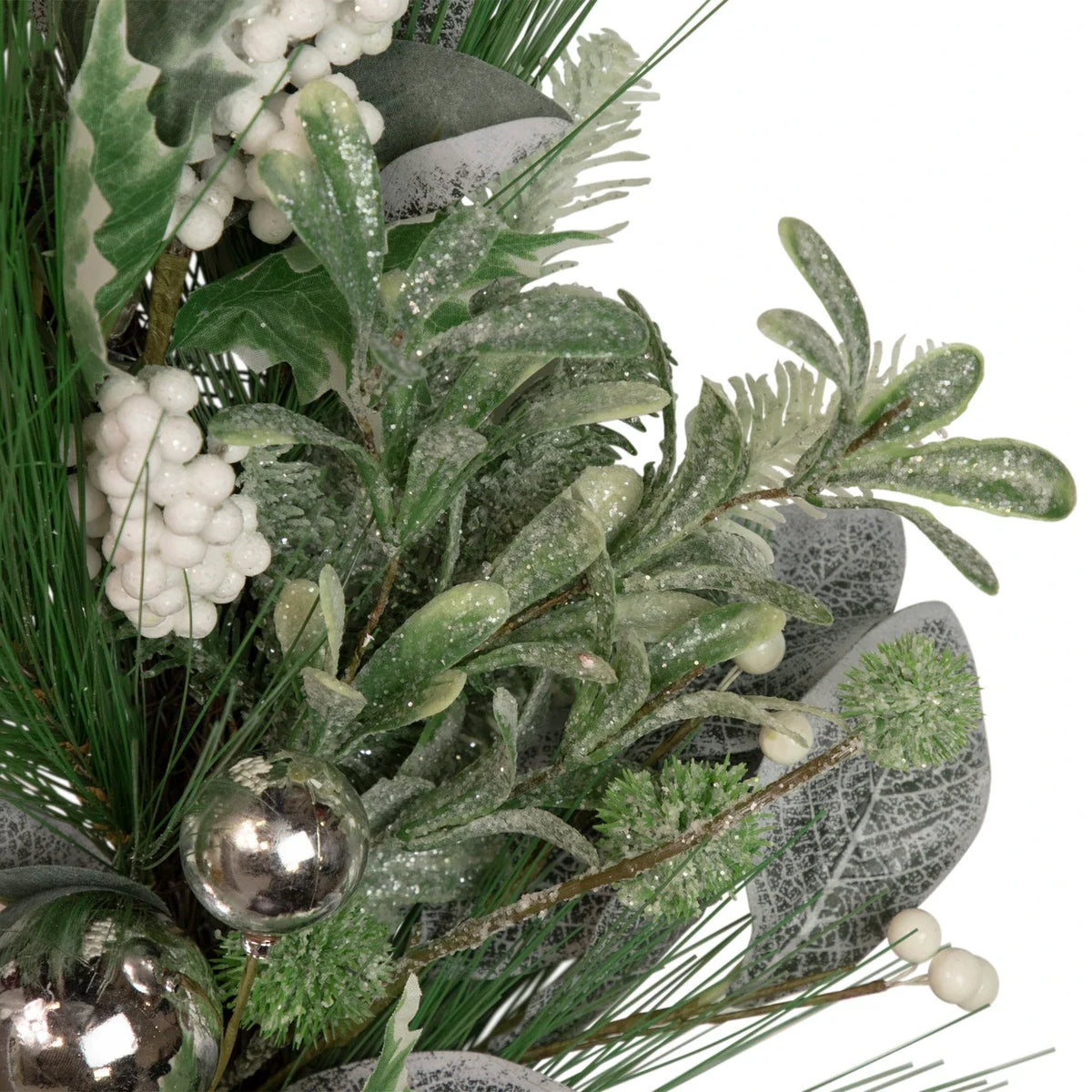 Winter Pine Wreath with White Berries and Silver Ornaments, 24 Inch