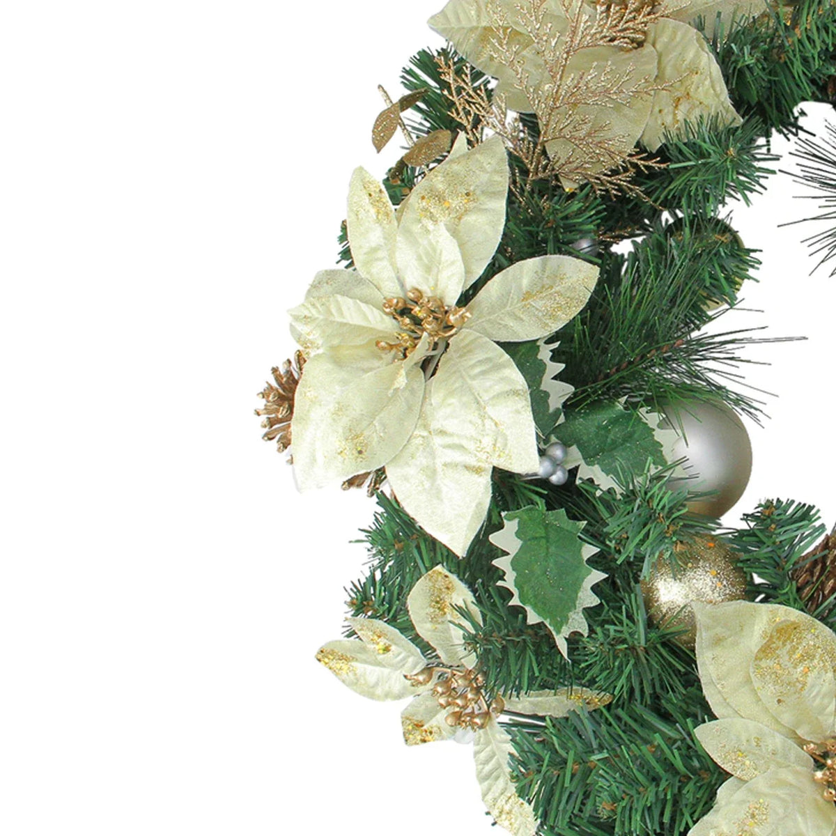 Pre-Decorated Holiday Wreath 24 Inch with Gold Ornaments and Red Poinsettias, Pinecones