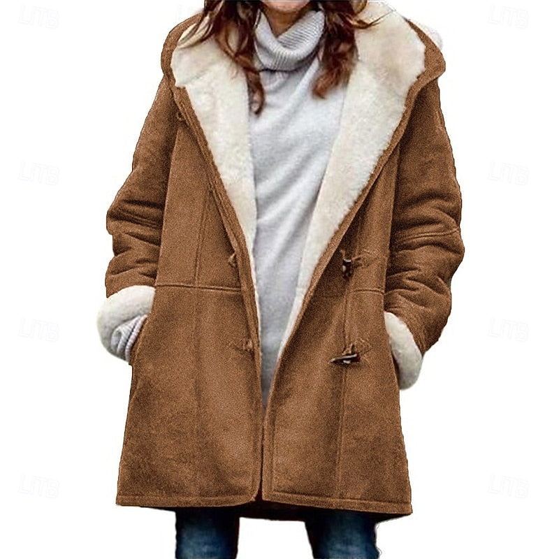 Button Front Hooded Winter Coat with Adjustable Hood and Insulated Fabric